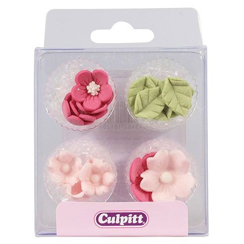 Culpitt Spiselig kakepynt Rosa blomster og blader pk/12