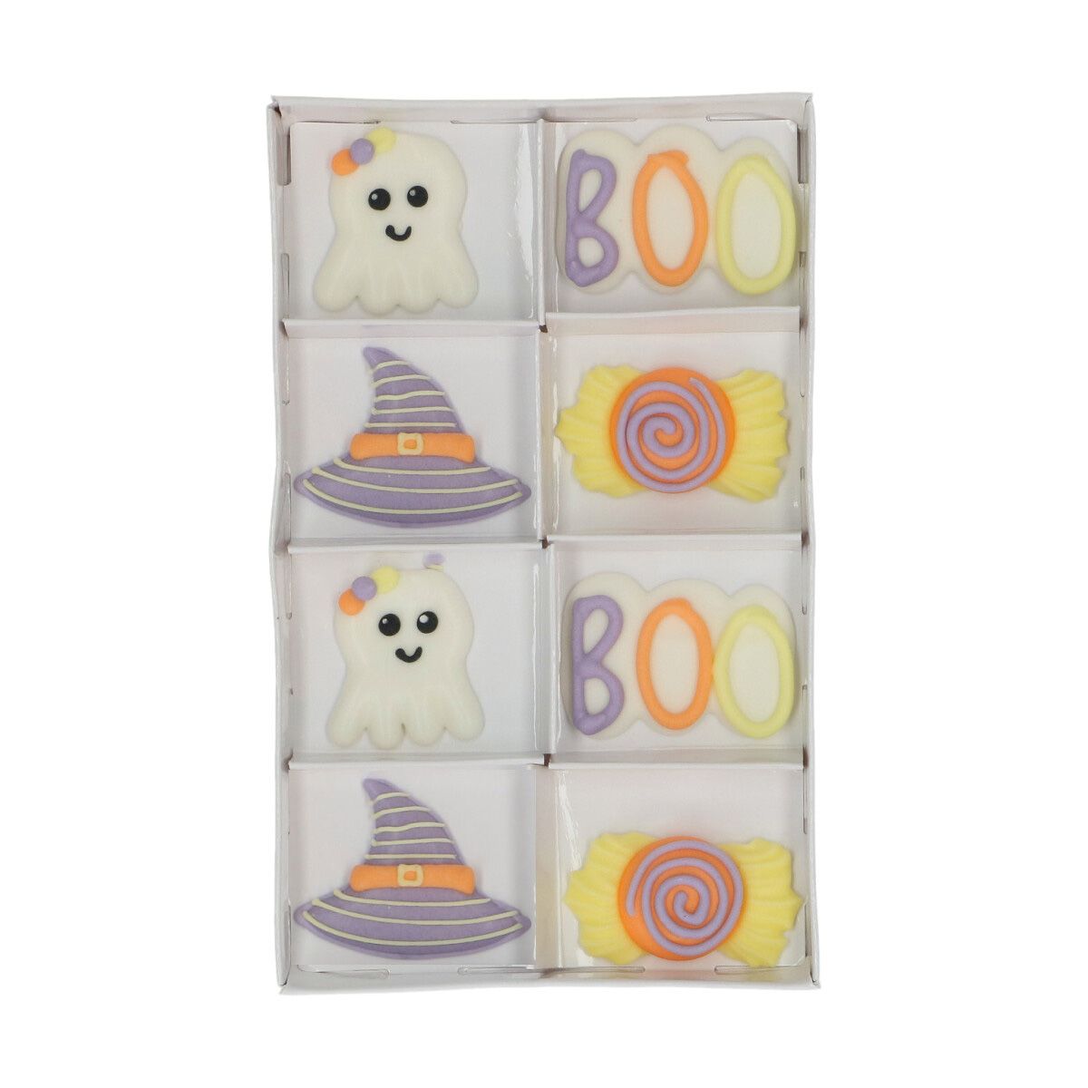 kakepynt til halloween av heksehattm spøkelse, godteri og boo-skilt.