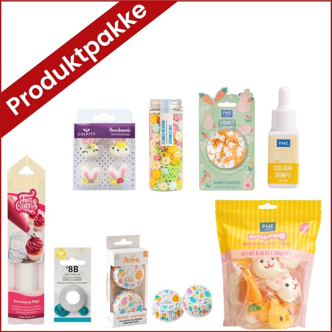 Produktpakke for påskebaking med muffinsformer, kakestrøssel, spiselig kakepynt, marshmallows, sprøytetipp og konditorfarge