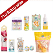 Produktpakke for påskebaking med muffinsformer, kakestrøssel, spiselig kakepynt, marshmallows, sprøytetipp og konditorfarge
