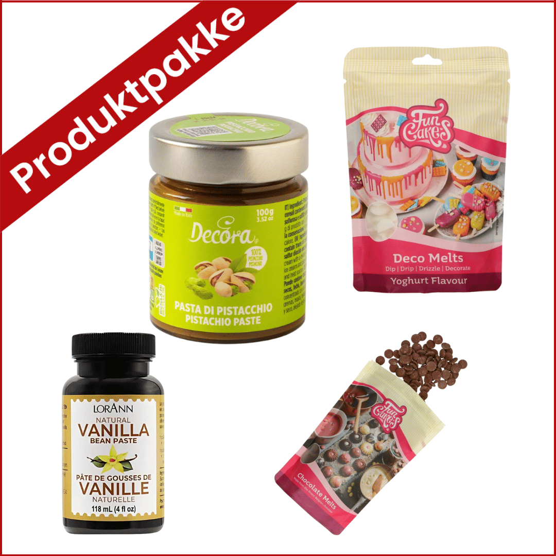 Produktpakke til boller med pistasj og sjokolade <p class="whitespace-pre-wrap break-words">Alt du trenger for å lage våre luksuriøse boller med pistasj og sjokolade! Denne eksklusive pakken inneholder nøye utvalgte kvalitetsingredienser som sikrer et profesjonelt resultat. Se oppskriften <a href="https://slikkepott.no/oppskrift-pa-pistasjboller-med-sjokolade/">her</a> 
<p class="whitespace-pre-wr