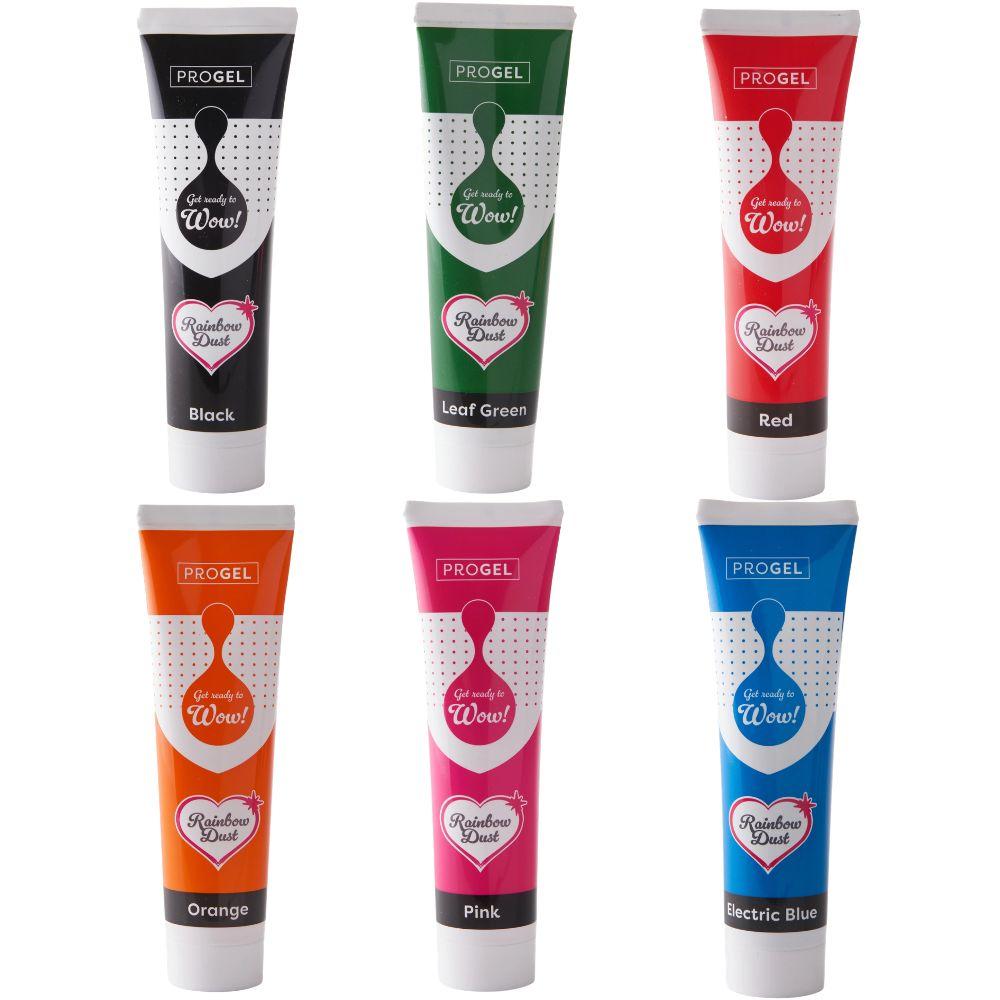 ProGel pastafarger, Sett med store tuber - Rød, blå, svart, oransje, grønn og rosa