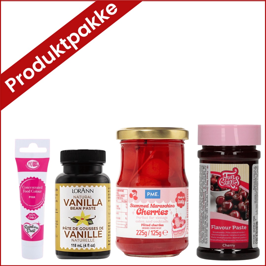 Produktpakke - Cherry velvet kake   Lag den spektakulære Cherry Velvet kaken som alle snakker om med vår nøye sammensatte ingredienspakke. Denne unike produktpakken inneholder spesialingrediensene du trenger for å skape den nydelige rosa kaken med intensiv kirsebærsmak som har blitt en ekte sosiale medier-sensasjon. 
 Cherry Velvet representerer en moderne evolusjon av den klassiske red velvet kak
