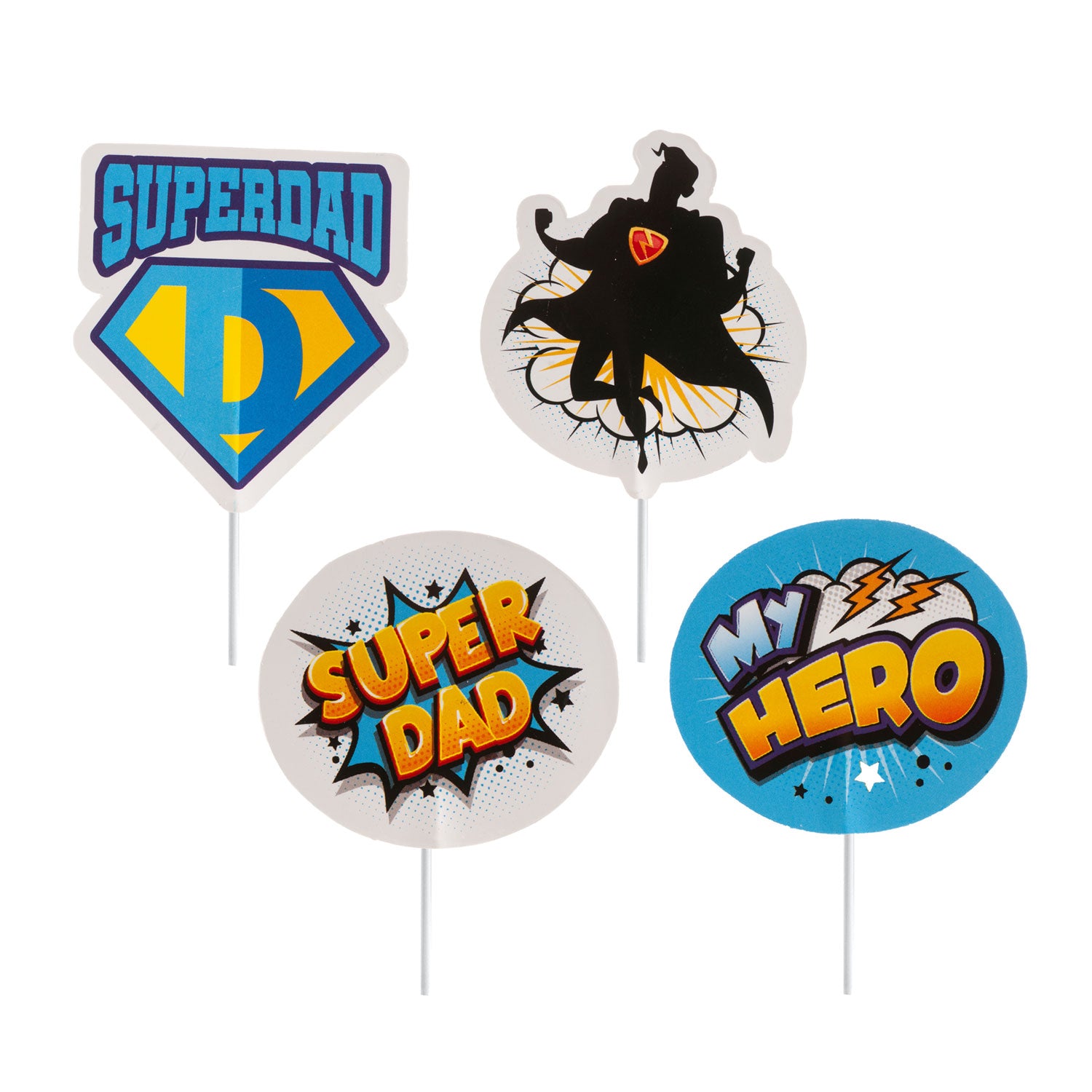 Dekora Kaketopper -Superdad- -My Hero-, Blå, gul, rød, 17cm, pk/8  Gjør stas på pappa med tøff  kakepynt  som gir bakverket et energisk og tøft uttrykk. Disse  kaketoppene  fra Dekora er inspirert av klassiske tegneserier og hjelper deg med å skape en gjennomført  farsdagskake  eller bursdagskake med superhelt-tema. Med en høyde på 17 centimeter sørger de for at dekorasjonen blir tydelig og fremtr