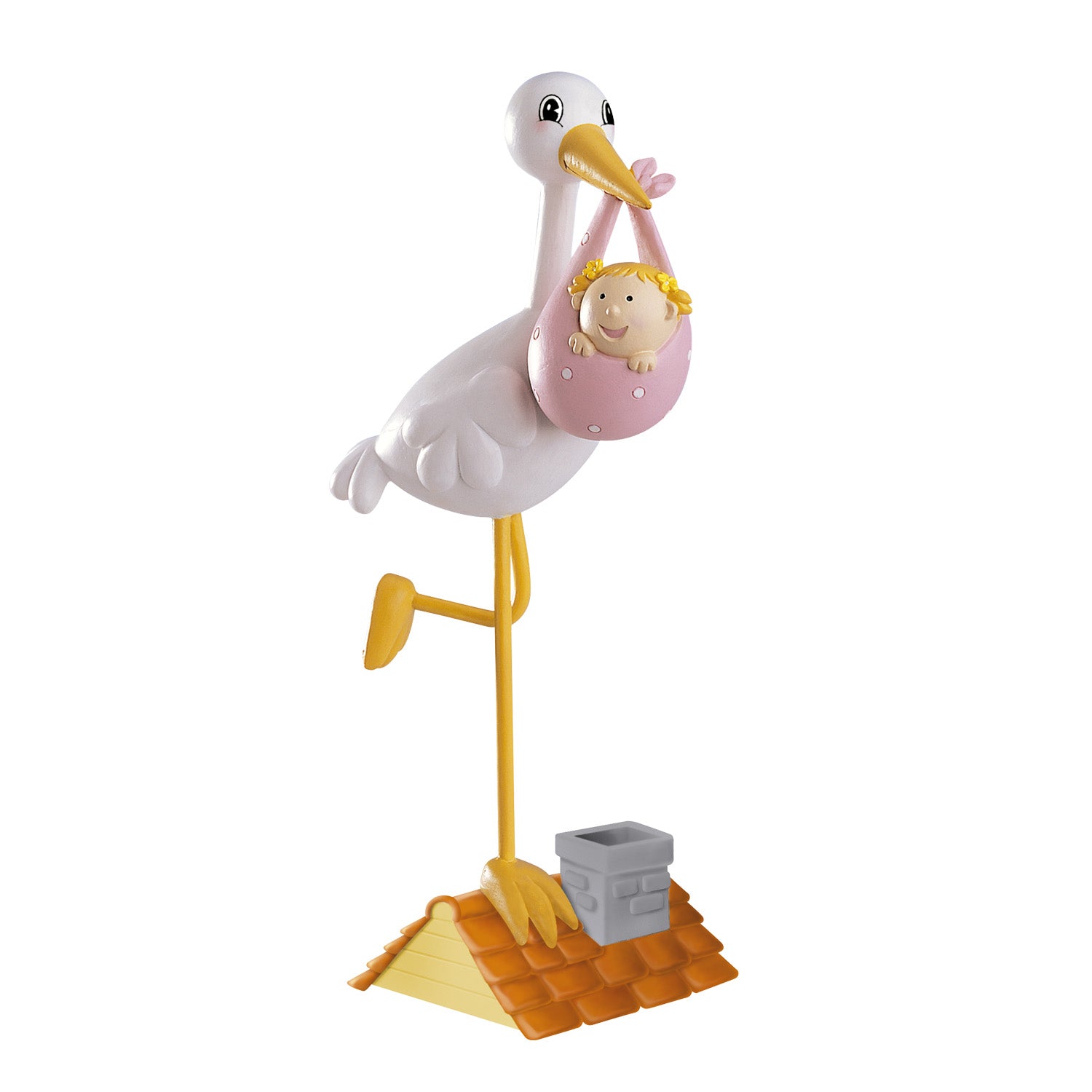 Dekora Dåpsfigur - Stork med baby - Rosa - 18cm  Gjør dåpskaken, navnefesten eller kaken til din babyshower ekstra spesiell med denne sjarmerende kakefiguren fra Dekora. Dette er en detaljert og klassisk figur som forestiller en stork som står på et hustak og bærer en liten babyjente i et rosa klede. Med en høyde på hele 18 cm blir denne figuren et naturlig og imponerende midtpunkt på festbordet. 