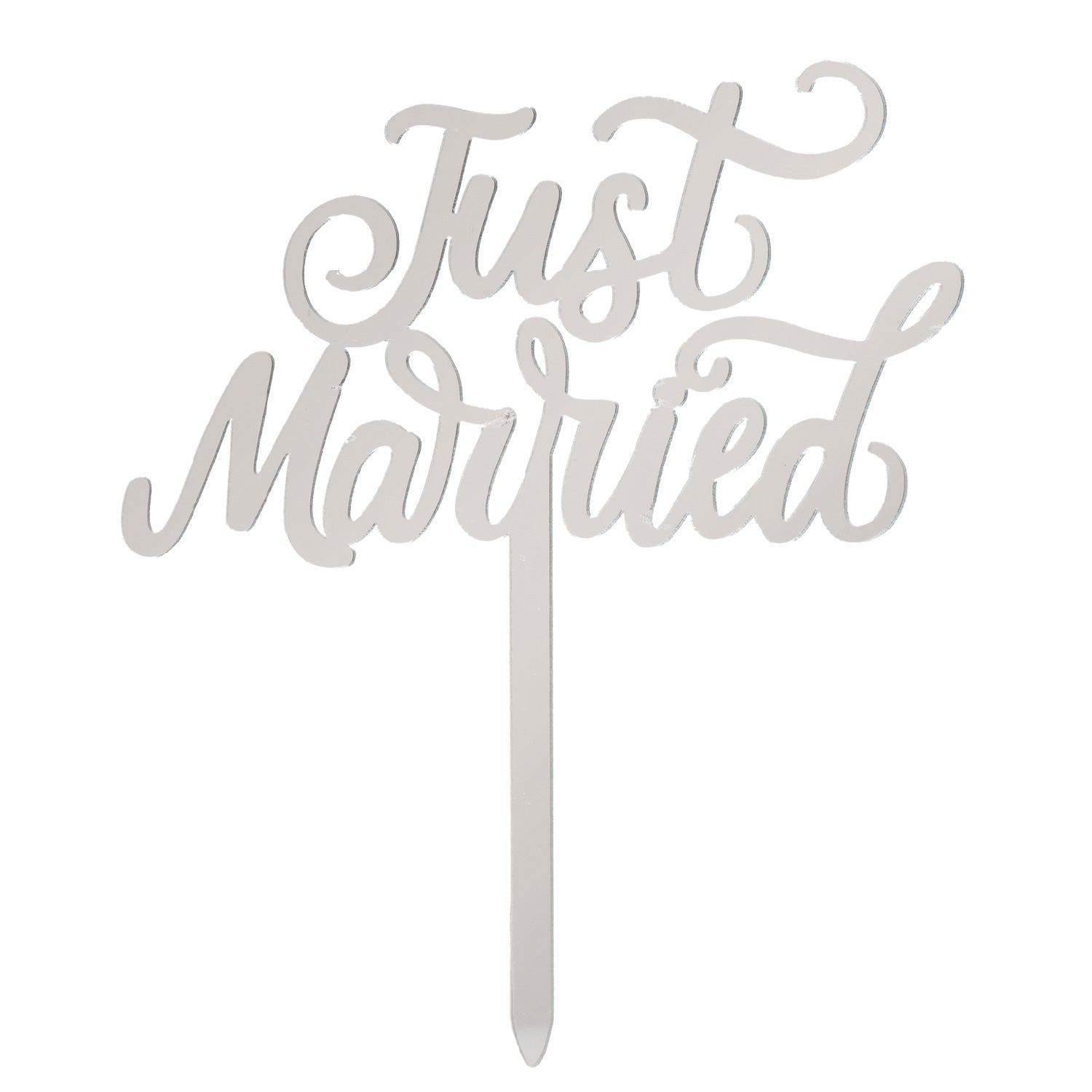 Dekora Kaketopper -Just Married-, Sølv, 11×13 cm, 1 stk  Gjør bryllupskaken komplett med denne elegante  kaketoppen  fra Dekora. Med teksten  "Just Married"  i en stilig og lettlest løkkeskrift, gir den kaken et moderne og sofistikert uttrykk. Denne sølvfargede kakedekorasjonen fungerer som et naturlig blikkfang på den store dagen og passer perfekt til både klassiske og moderne bryllupstemaer. Top