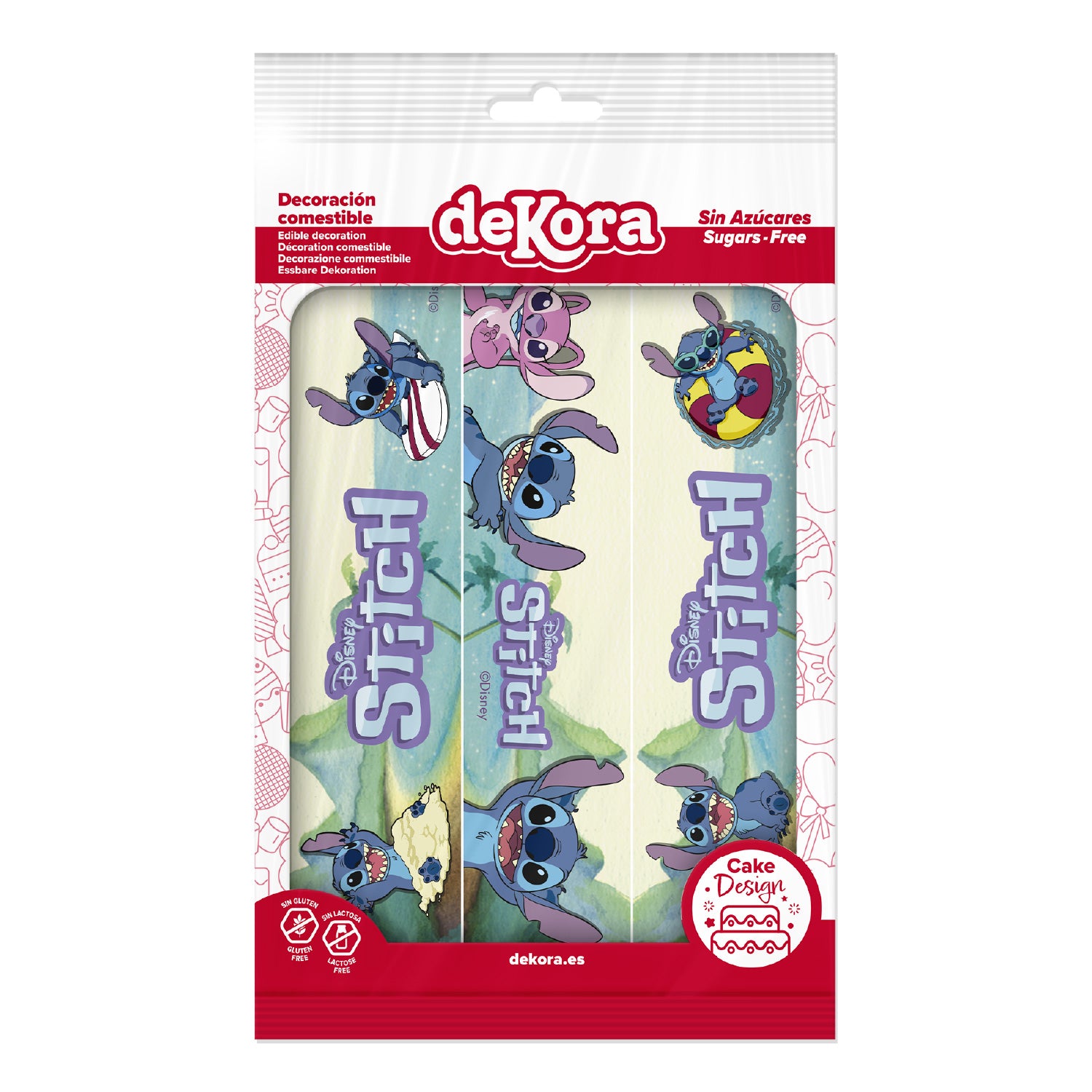 Spiselige kakebånd -Stitch & Angel- pk/3  Spiselige kakebånd med Stitch og Angel gir deg en enkel måte å pynte kaken på. Dette er sukkerark som legges rundt kanten på kaken – ingen sprøyteteknikk eller avansert utstyr nødvendig. Stripene har ferdig design med tropiske farger og Disney-karakterer, og passer både til barnebursdag og temafester. Du får tre ferdigkuttede bånd som er klare til bruk. P