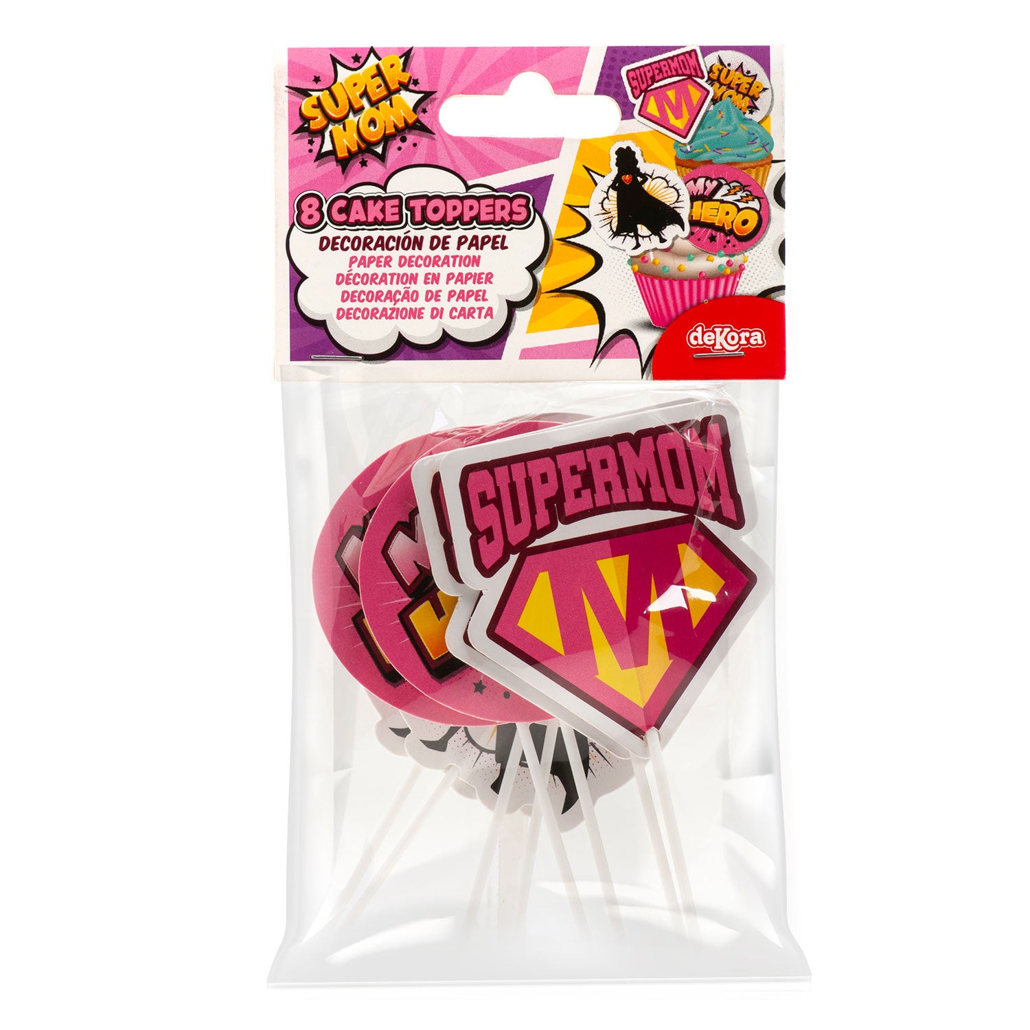 Kaketopper i papir -Supermom- pk/8  Kaketopper i papir med tegneserieinspirerte supermom-motiver. Settet inneholder åtte topper med fire ulike design – to av hver variant. Fungerer på både store kaker og cupcakes, og dekorasjonen er tosidige slik at de ser like bra ut fra alle kanter. Materialet er fettbestandig, noe som gjør dem egnet til bruk på kaker med smørkrem og frosting. Høyde på 10 cm me