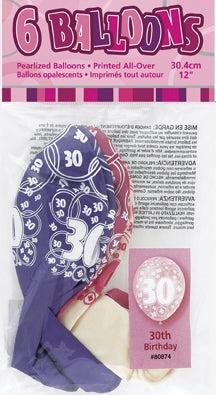 Rosa, hvit, lilla ballonger med 30-trykk, totalt 6 stk