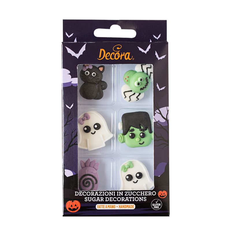 ferdig spiselig kakepynt til halloween formet som spøkelse, svart katt, frankenstein, godteri og edderkopp