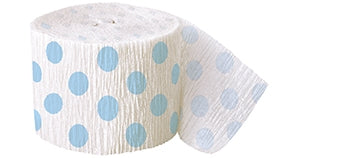 Crepe streamer bånd i papir, lyseblå/hvit/prikker