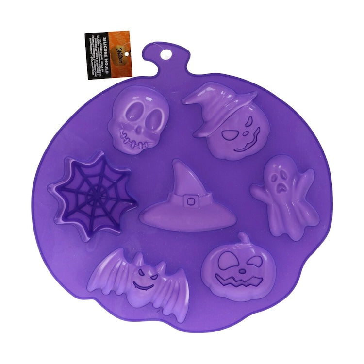 Wilton Silikonform - Halloween - Spøkelse / Heksehatt / Flaggermus / Gresskar / Hodeskalle / Spindelvev, Lilla