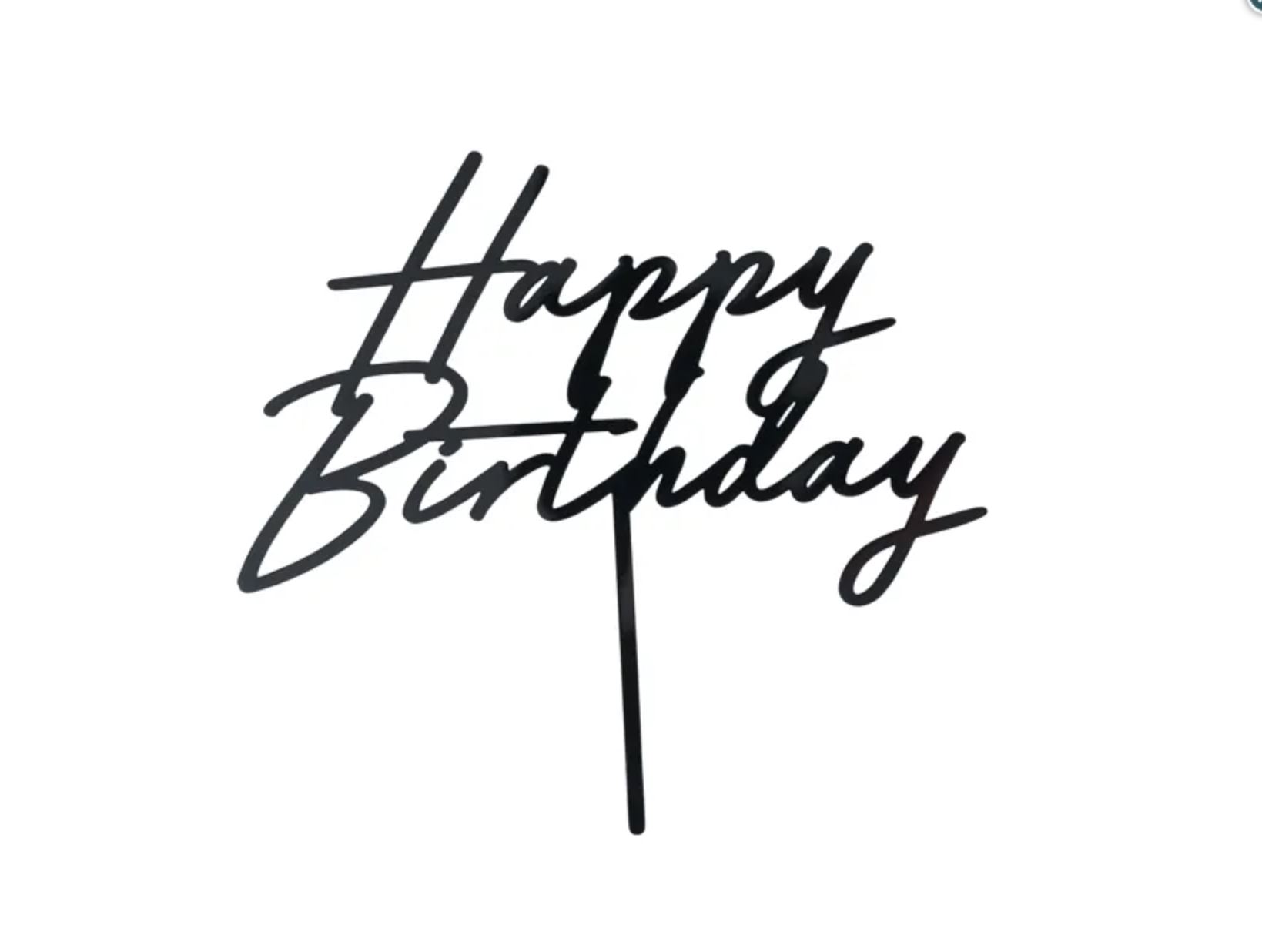 Kaketopp i akryl - Happy Birthday - Svart