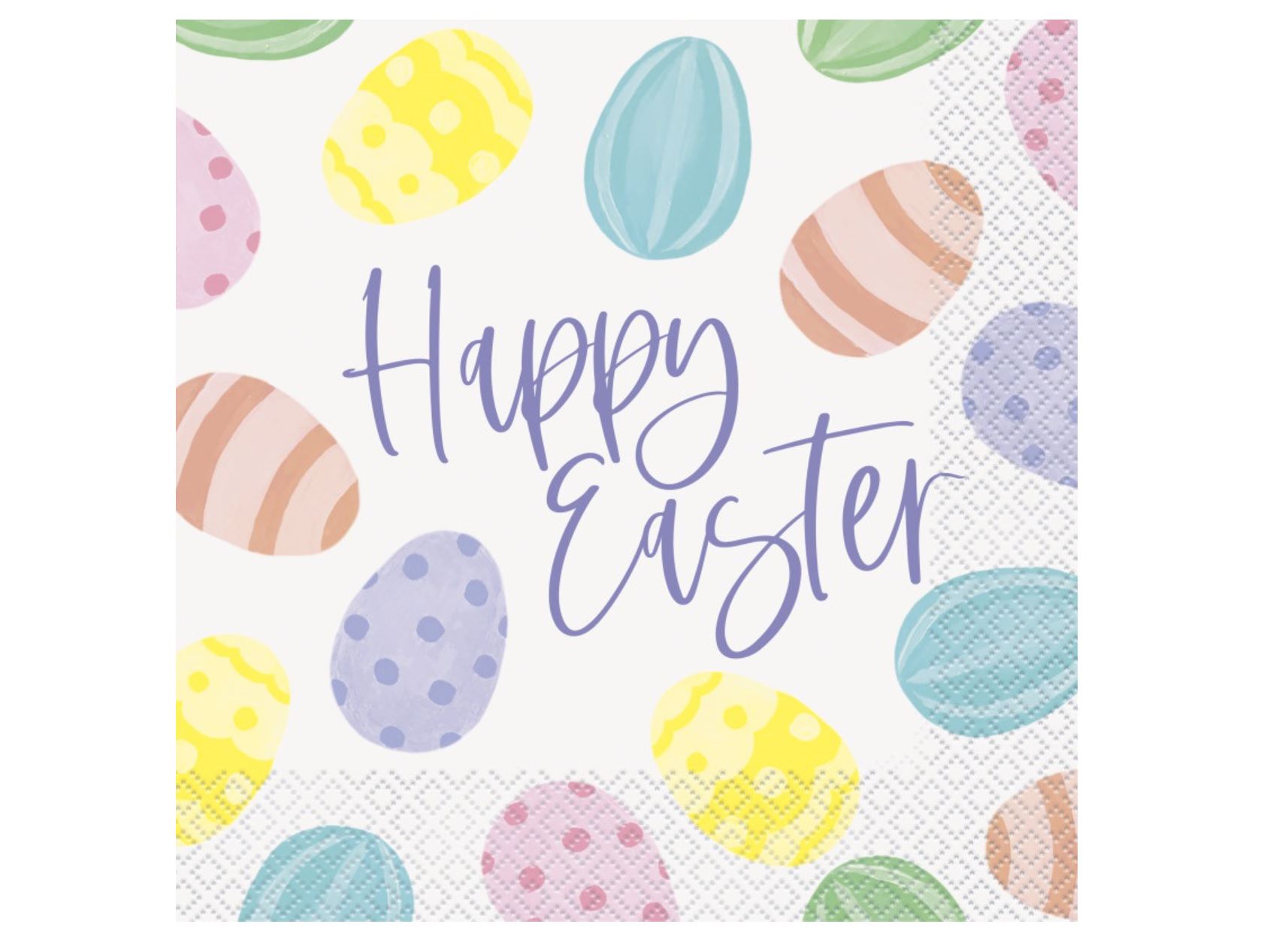 Påskeservietter dekorert med fargerike egg og teksten Happy Easter, pk/16