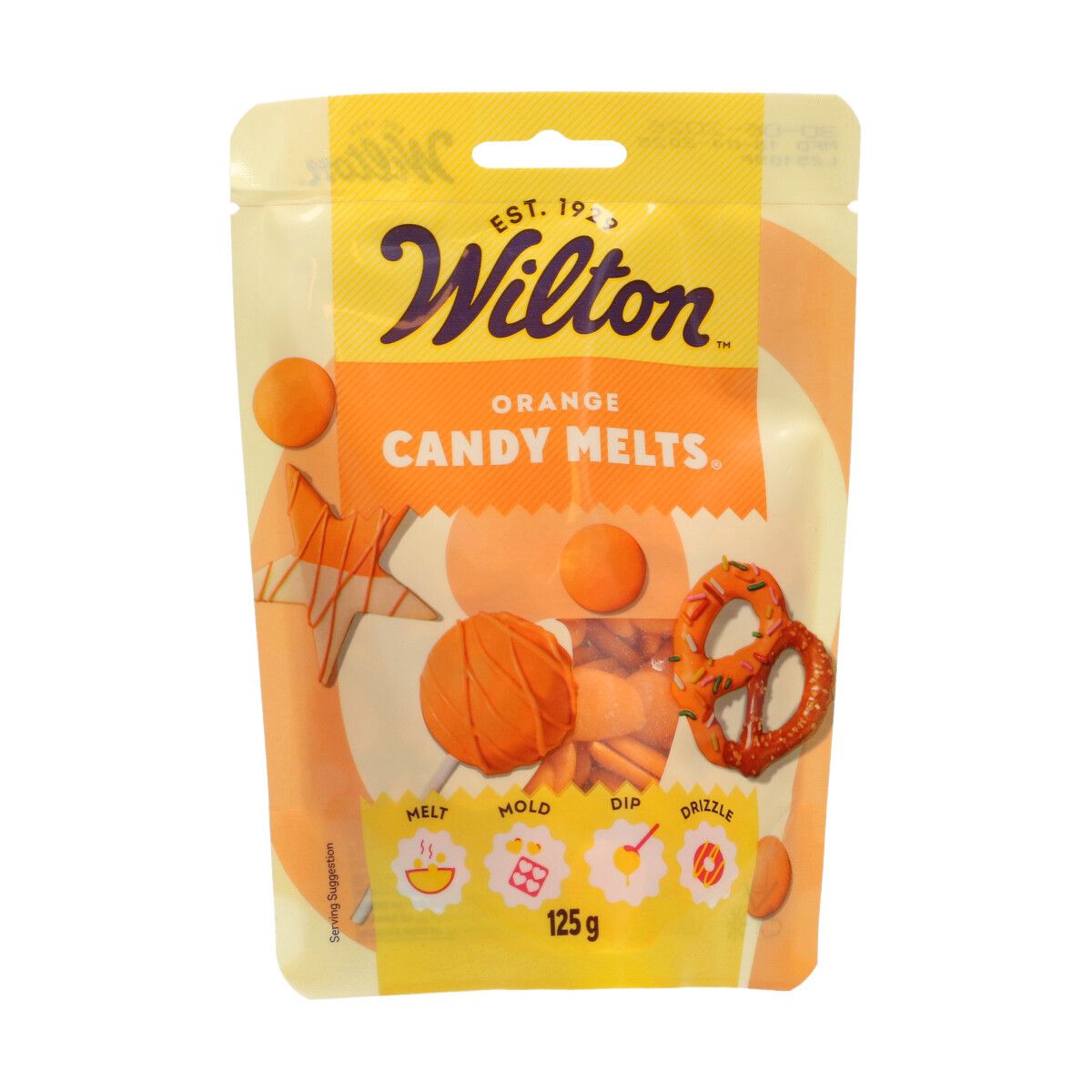 Candy Melts Oransje, 125g  Candy Melts fra Wilton er en praktisk smelteglasur som gjør det enkelt å lage fine dekorasjoner til kakepops, småkaker og kaker. Den oransje varianten har en klar, livlig farge som passer godt til både sommerlige desserter og høsttemaer. Glasuren smelter jevnt og har en myk, smøraktig konsistens som er enkel å jobbe med – også for nybegynnere. Du trenger ikke tilsette e