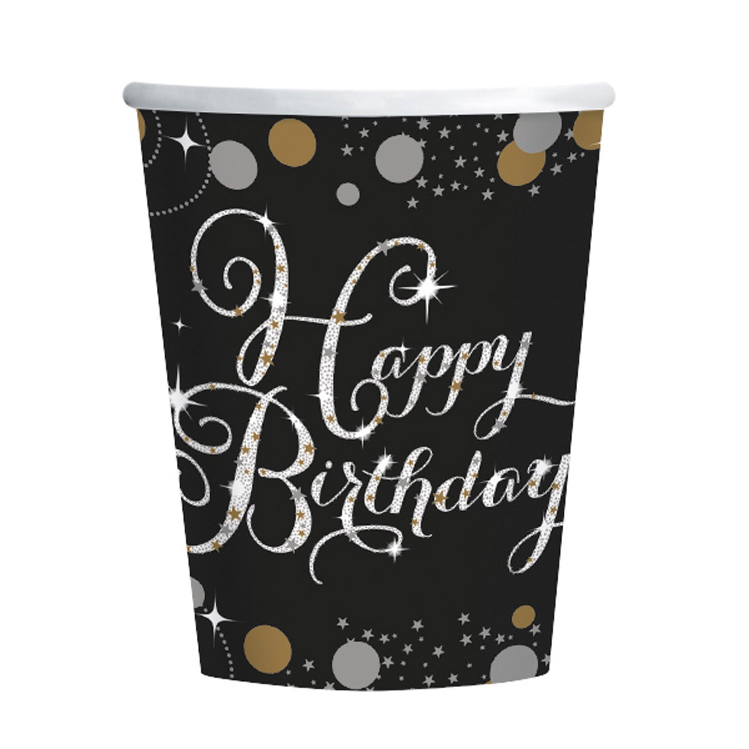 Pappkopp svart -Happy Birthday- pk/8