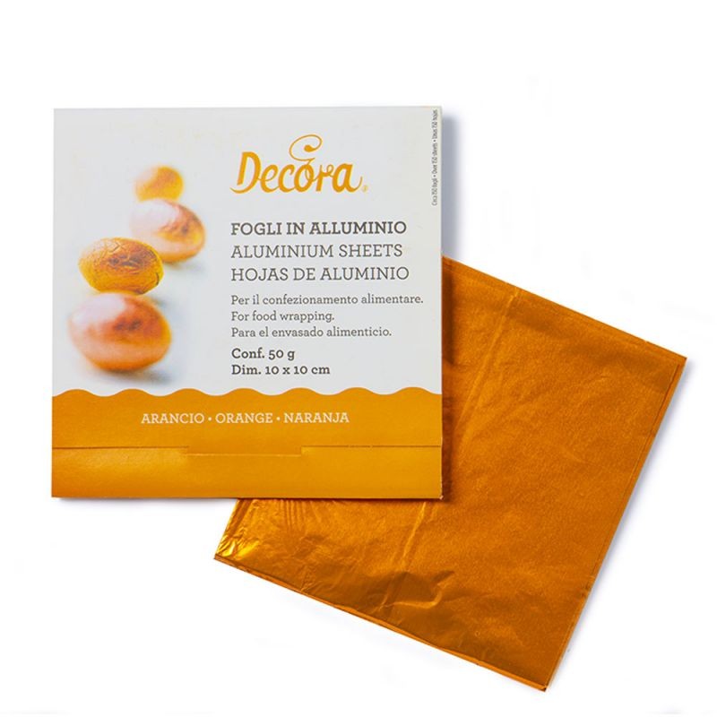 Decora Innpakningsark i aluminium -Oransje- 10x10cm, pk/150
