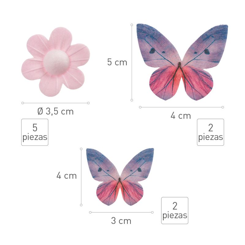 Spiselig Kakepynt  Mini Rosa Blomster og Lilla Sommerfugler