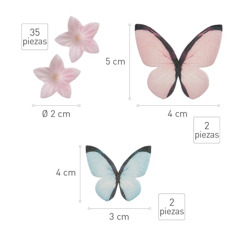 små spiselige blomster og sommerfugler rosa og blå