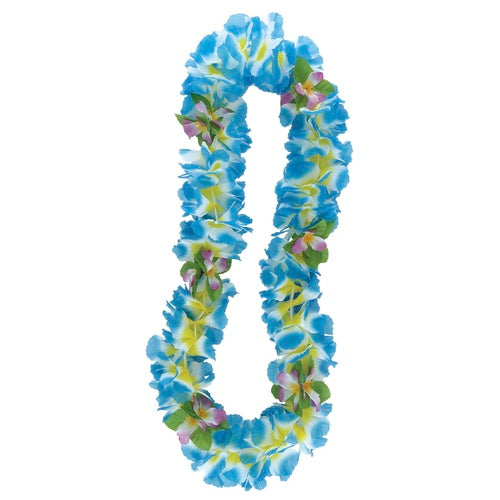 blomsterkrans eller hawaiikrans i blå, hvit og gul