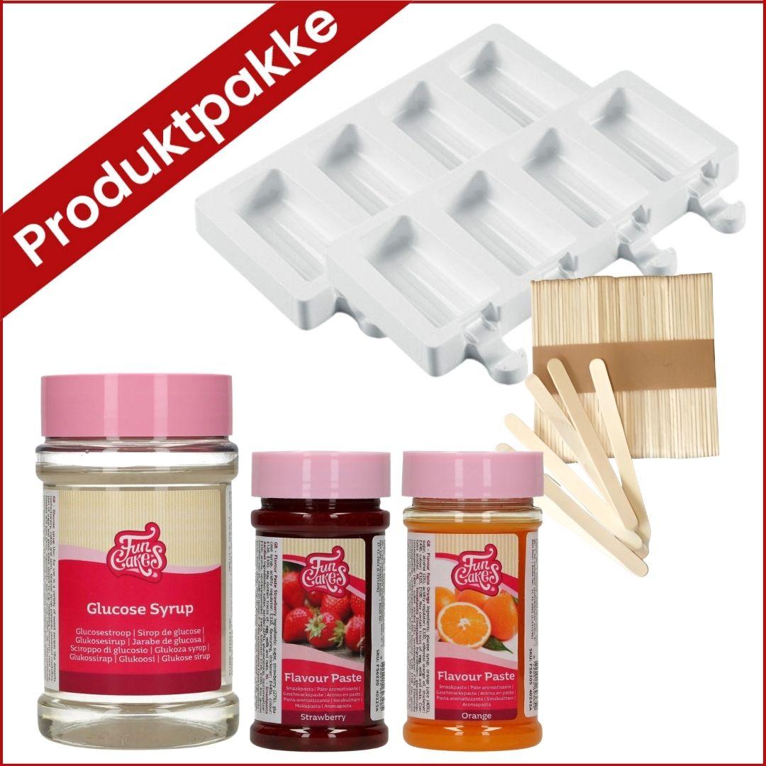  Produktpakke til hjemmelaget friskis med ispinneformer, ispinner, glukosesirup og smakstilsetninger i jordbær og appelsin