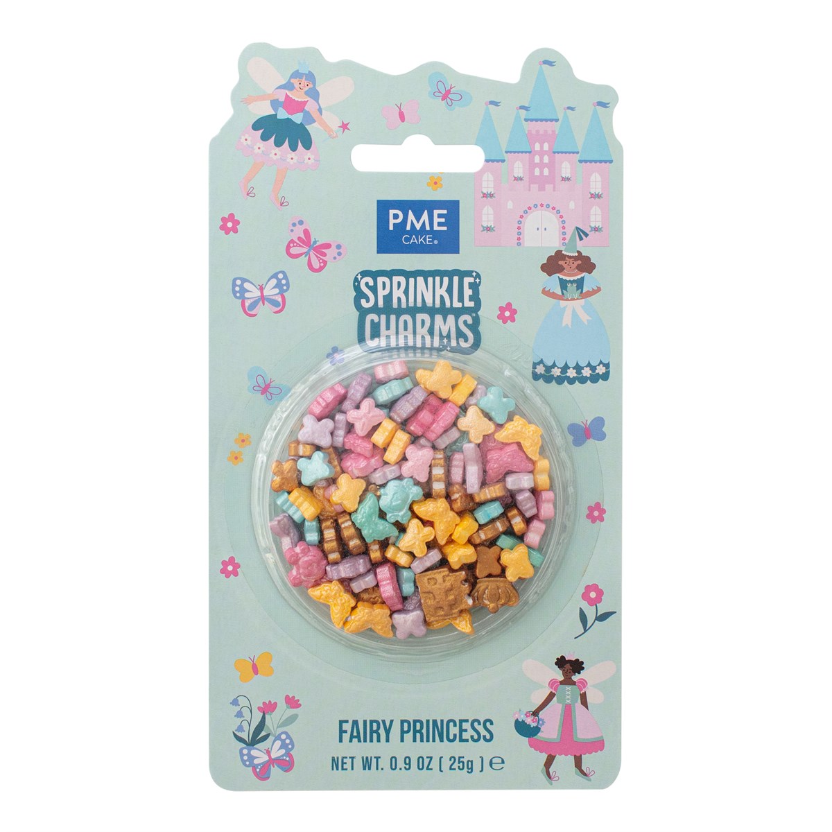PME Sprinkle Charms -Fairy Princess- Krone, sommerfugl, fe og slott, Pastell og gull, 12mm, 25g  Gjør baksten din om til et magisk rike med  PME Fairy Princess Sprinkle Charms ! Dette er ikke bare vanlig strøssel; det er store, detaljerte sukkerfigurer designet for å gi umiddelbar personlighet, farge og en skikkelig "wow"-faktor til enhver godbit. Med en vakker blanding av pastellfarger og skimren
