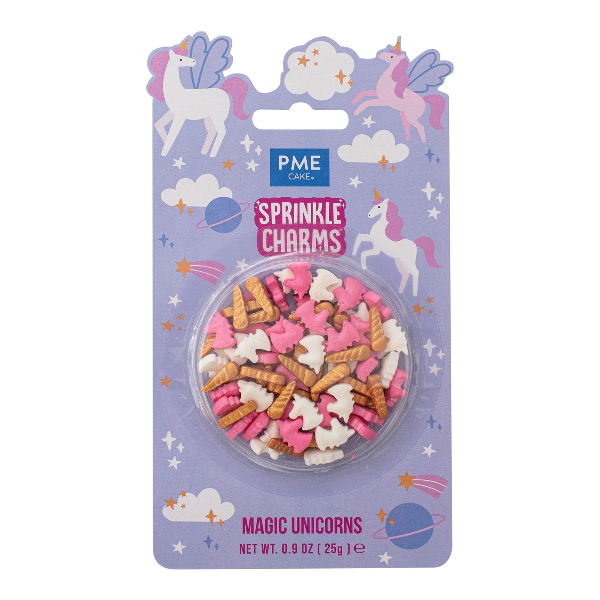 PME Sprinkle Charms -Magic Unicorns- enhjørninger og horn, Rosa, hvit og gull, 13×10mm, 25g  Forvandle baksten din til et ekte eventyr med  PME Magic Unicorn Sprinkle Charms . Dette er ikke bare vanlig strøssel; dette er "charms" – større og mer detaljerte dekorfigurer som gir kakene dine umiddelbar personlighet og en profesjonell finish. Denne miksen består av sjarmerende rosa og hvite enhjørnin