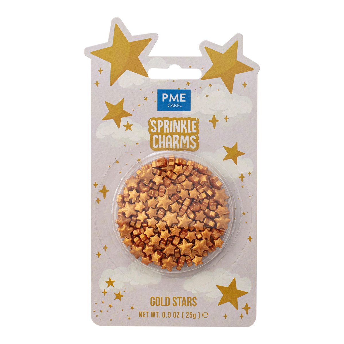 PME Strøssel -Sprinkle Charms-Gold Stars-, Gull, 10mm, 25g  Ta bakingen din til et himmelsk nivå med  PME Sprinkle Charms Gold Stars . Dette er ikke bare vanlig strøssel; dette er store, levende og metalliske gullstjerner designet for å gi en ekte "wow-faktor" til alle dine kreasjoner. Enten du planlegger en stor fest eller bare vil legge til litt magi i hverdagsbakingen, er disse 10 mm gullstjern