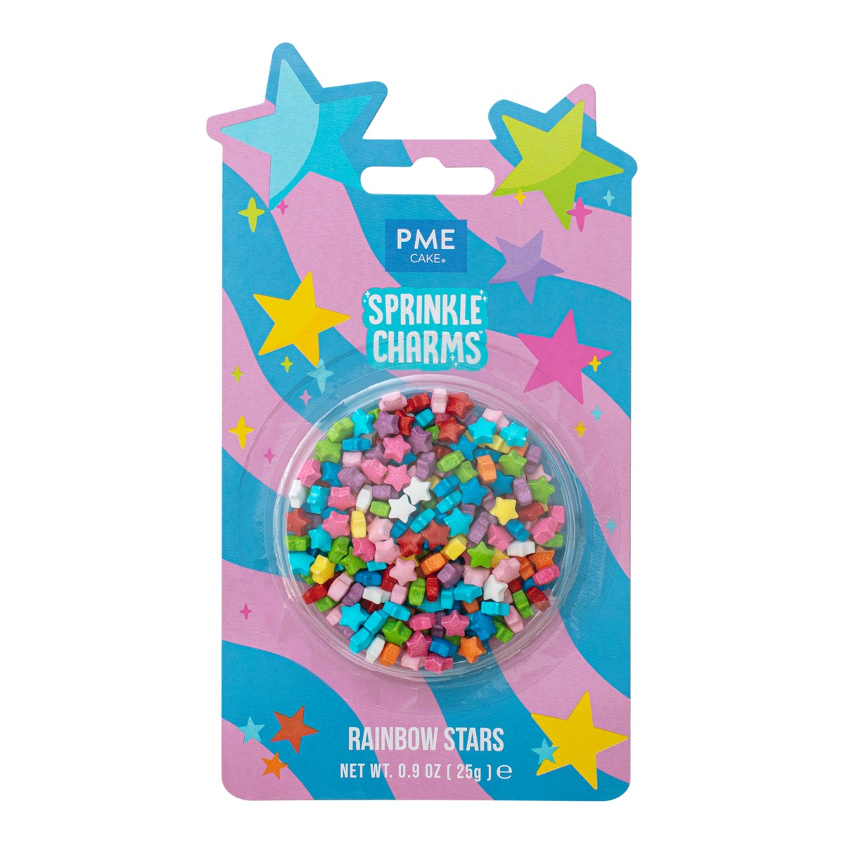 PME Strøssel -Sprinkle Charms- -Rainbow Stars- Regnbue, 7mm, 25g     Gi baksten din et dryss av farger og magi med PME Rainbow Stars Sprinkle Charms! Disse lekne, stjerneformede strøslene er en del av PMEs «larger-than-life»-kolleksjon, designet for å gi umiddelbar personlighet og en profesjonell finish til alt fra festlige bursdagskaker til hverdagsgleder. 
  Nøkkelfunksjoner og fordeler:  
 
 
 