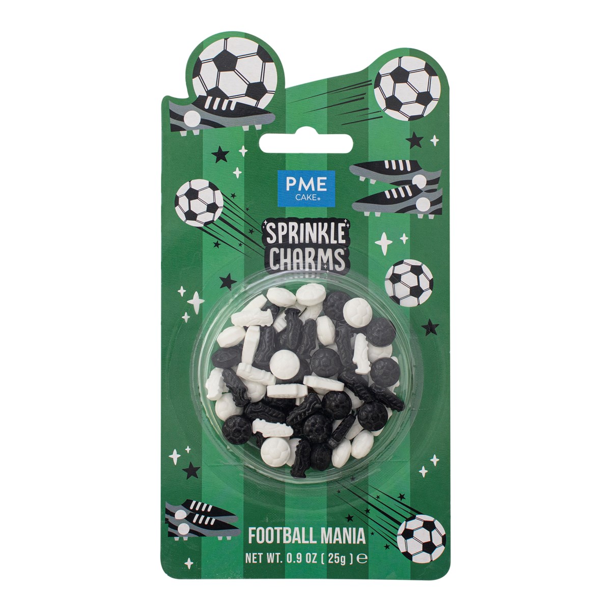 PME Sprinkle Charms -Football Mania- -Fotball og fotballsko-, Svart og hvit, 25g  Gi baksten din et skikkelig "kick" med disse lekne PME Football Mania Sprinkle Charms! Dette er ikke bare vanlig strøssel; det er detaljerte, små figurer formet som klassiske fotballer og fotballsko. Perfekt for den sportsinteresserte bakeren, og en enkel måte å gi kaker, cupcakes og donuts en profesjonell finish til