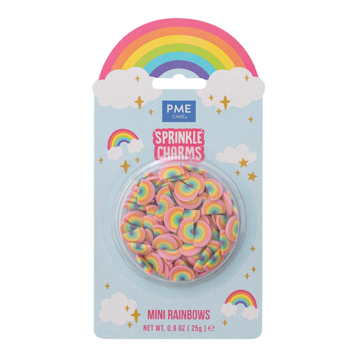 PME Strøssel -Sprinkle Charms- -Mini Rainbows- Flerfarget, 11×16mm, 25g  Gi bakverkene dine et magisk preg!  PME Mini Rainbow Sprinkle Charms  er store, fargerike regnbue-dekorasjoner som er skapt for å gi kaker, cupcakes og desserter en umiddelbar profesjonell finish. Dette er ikke bare vanlig strøssel; det er iøynefallende "charms" som tilfører karakter og glede til enhver søt godbit på sekunder