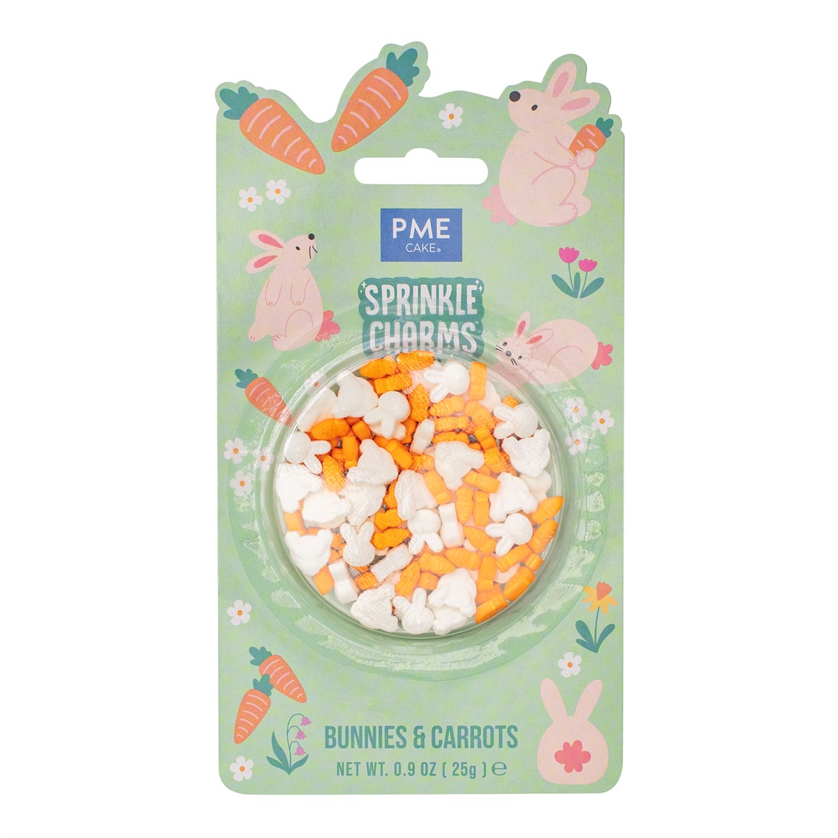 PME Strøssel -Kaniner og gulrøtter-, Hvit og oransje, 25g  Gi bakverkene dine en herlig dose påskestemning med disse sjarmerende "Sprinkle Charms" fra PME. Dette er ikke bare vanlig strøssel, men søte og detaljerte figurer av hvite kaniner og oransje gulrøtter som umiddelbart gir liv og personlighet til dine kreasjoner. Perfekt for å skape den rette atmosfæren på kakebordet i påsken! 
  Høydepunkt