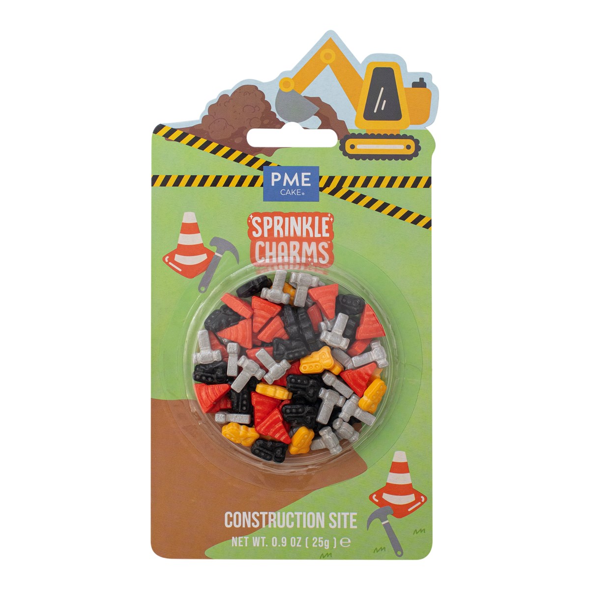 PME Sprinkle Charms -Construction Site- -Byggeplass-, Oransje, svart, sølv og gul, 12mm, 25g  Forvandle bakeprosjektet ditt til en travel arbeidsplass med  PME Sprinkle Charms - Byggeplass ! Dette er ikke bare vanlig strøssel; det er store, lekne "charms" formet som trafikkjegler, hammere og anleggsmaskiner. Disse dekorasjonene er designet for å gi bakverkene dine umiddelbar personlighet og en pro