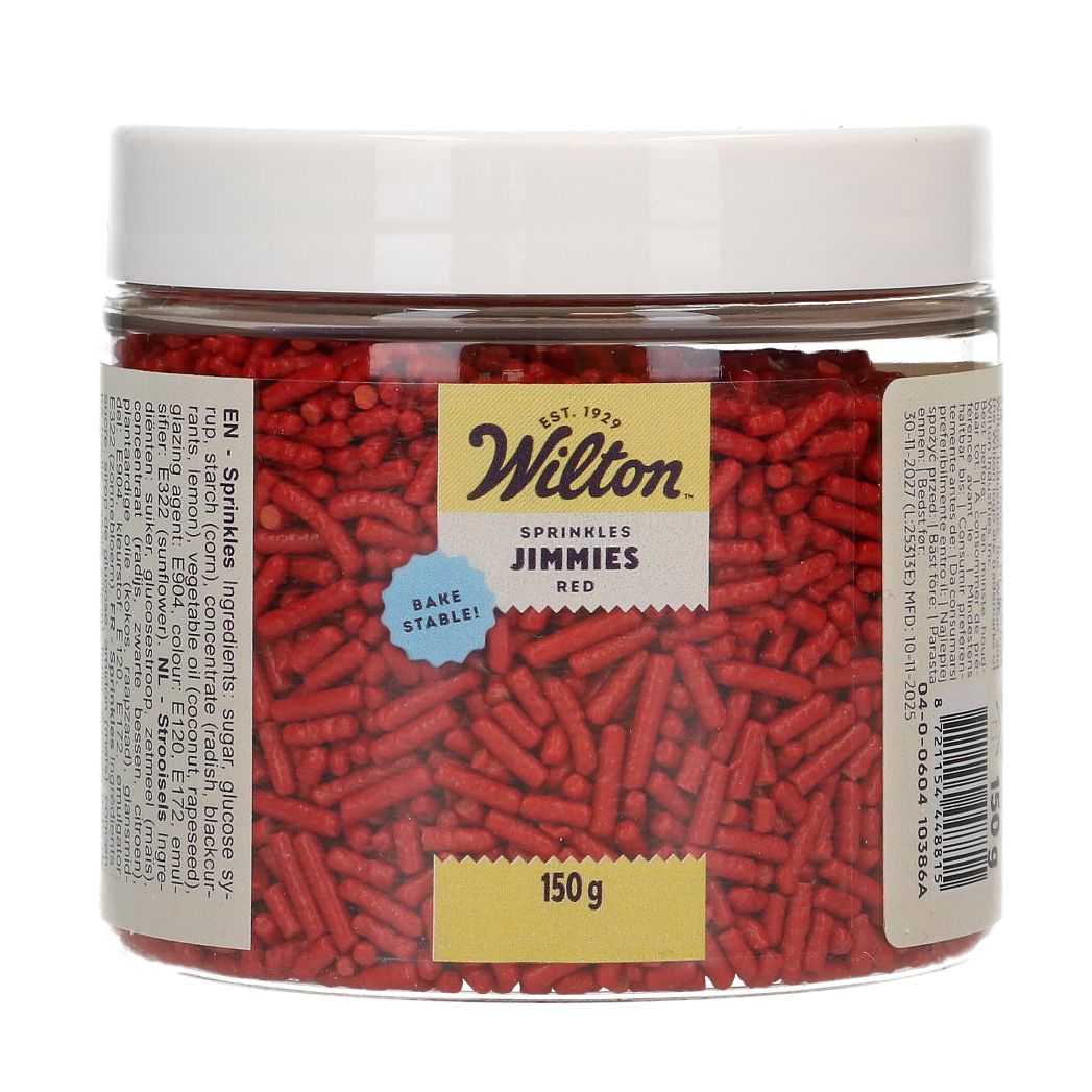 Wilton Strøssel -Jimmies-, Rød, 150g <p style="text-align: left;">   Gi bakverkene dine et profesjonelt og fargerikt løft med  Wilton Jimmies , et klassisk  rødt strøssel  med en dyp og klar farge. Dette ikoniske, stavformede strøsselet er en favoritt blant både hobbybakere og proffer. I motsetning til vanlig strøssel som ofte smelter eller mister fargen, er disse spesielt utviklet for å være  bak