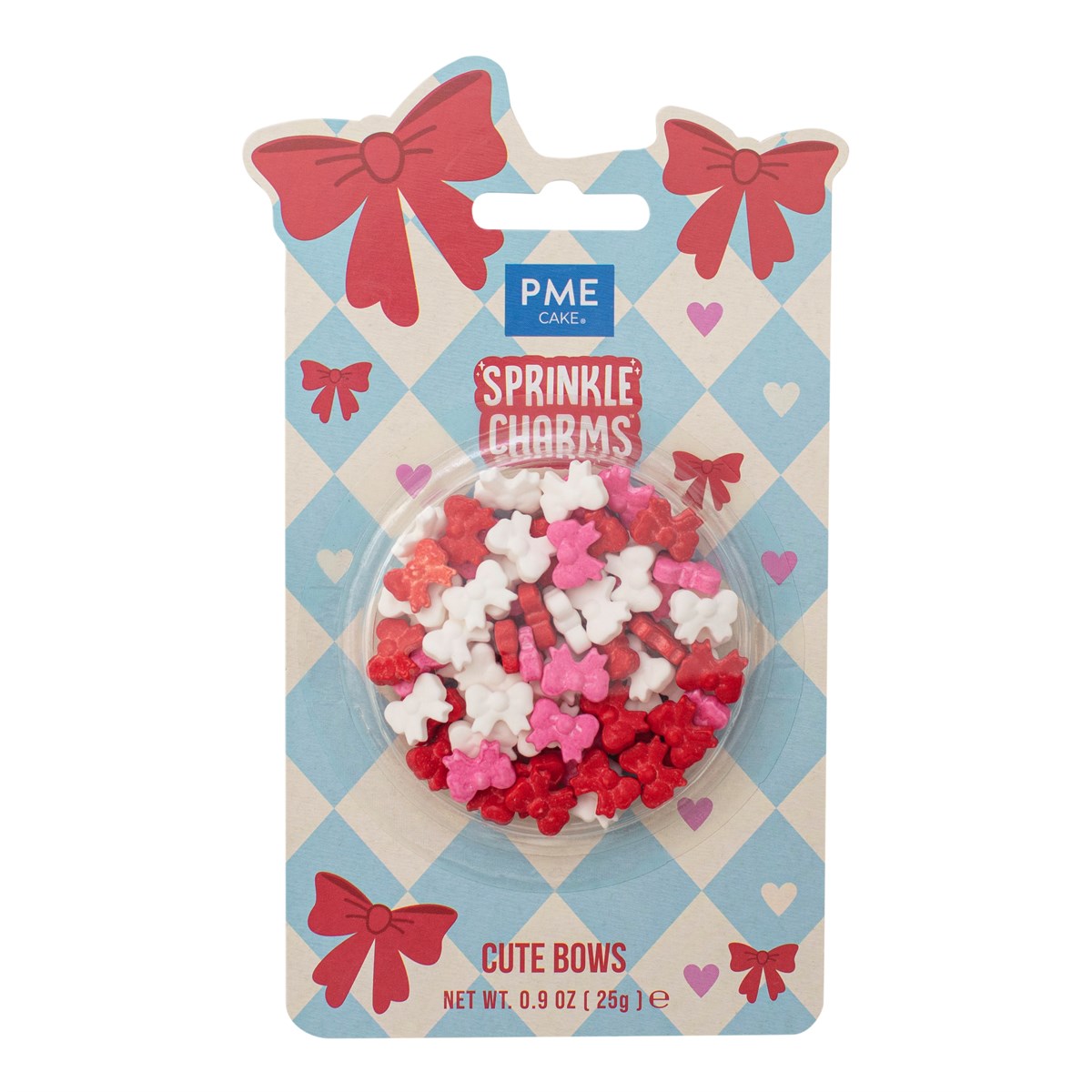 PME Sprinkle Charms -Cute Bows-, Rosa, rød og hvit, 11×12mm, 25g  Gi baksten din en dose sjarm og personlighet med  PME Sprinkle Charms - Cute Bows ! Dette er ikke bare vanlig strøssel; det er store, lekne sukkerfigurer formet som søte sløyfer i fargene rosa, rød og hvit. Med disse "charmsene" kan du forvandle enkle cupcakes eller kaker til små kunstverk på bare noen få sekunder. 
  Key Features/B