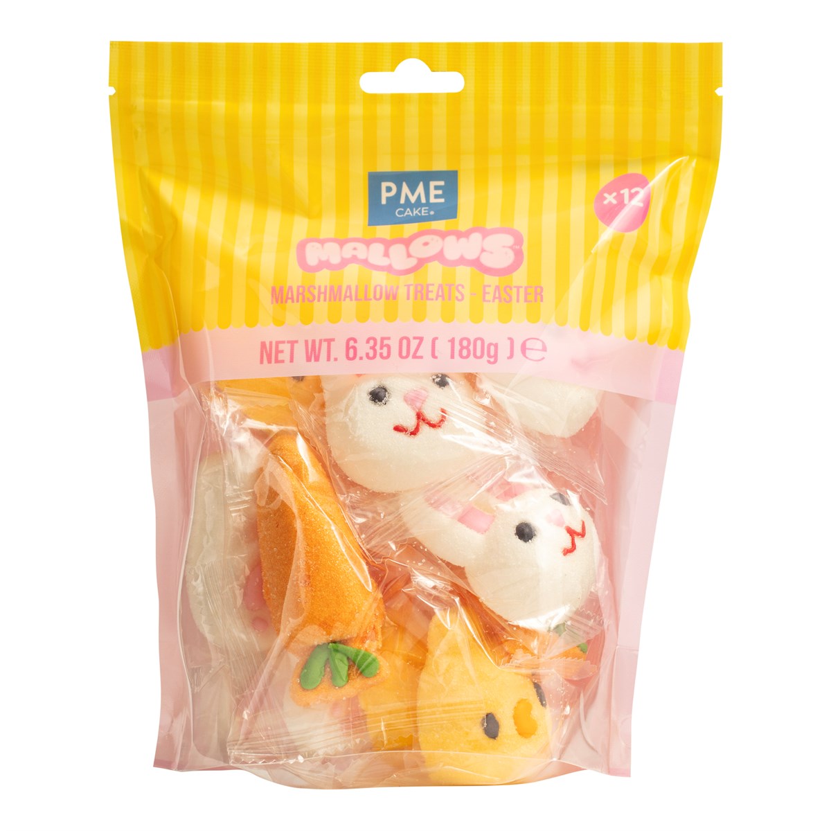 Marshmallows formet som Kaniner, gulrøtter og kyllinger, pk/12  Myke marshmallows i fire påskemotiv fra PME. Pakken inneholder 12 stykker: kaninhoder, kaninrumper med poter og hale, gulrøtter og gule kyllinger. Hver marshmallow er pakket individuelt, noe som gjør dem enkle å oppbevare og bruke én og én. Fungerer godt både som pynt på kaker og i varm drikke. Et praktisk hjelpemiddel når du vil gi p
