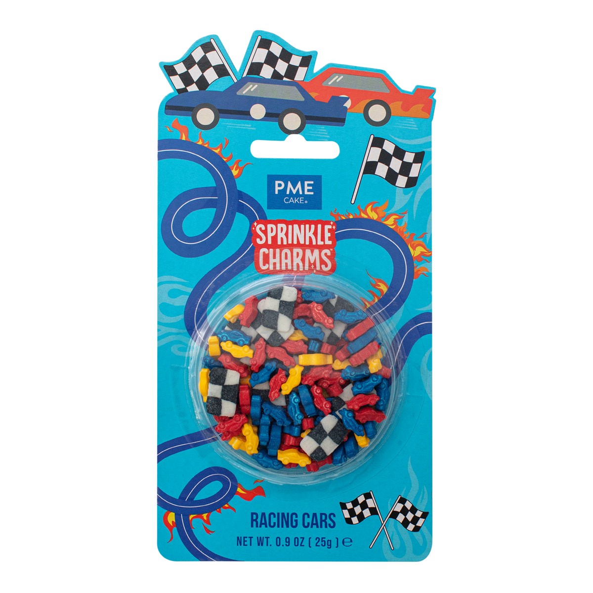 PME Figurstrøssel -Racing Cars- Racerbiler og målflagg, Rød, blå, gul, svart og hvit, 11×17mm, 25g  Gi bakverkene dine full gass med dette tøffe figurstrøsselet fra PME! Dette settet med "Sprinkle Charms" inneholder store, detaljerte figurer av racerbiler og målflagg som umiddelbart forvandler enhver kake, cupcake eller dessert til en fartsfylt opplevelse. Perfekt for barnebursdager med bil-tema e