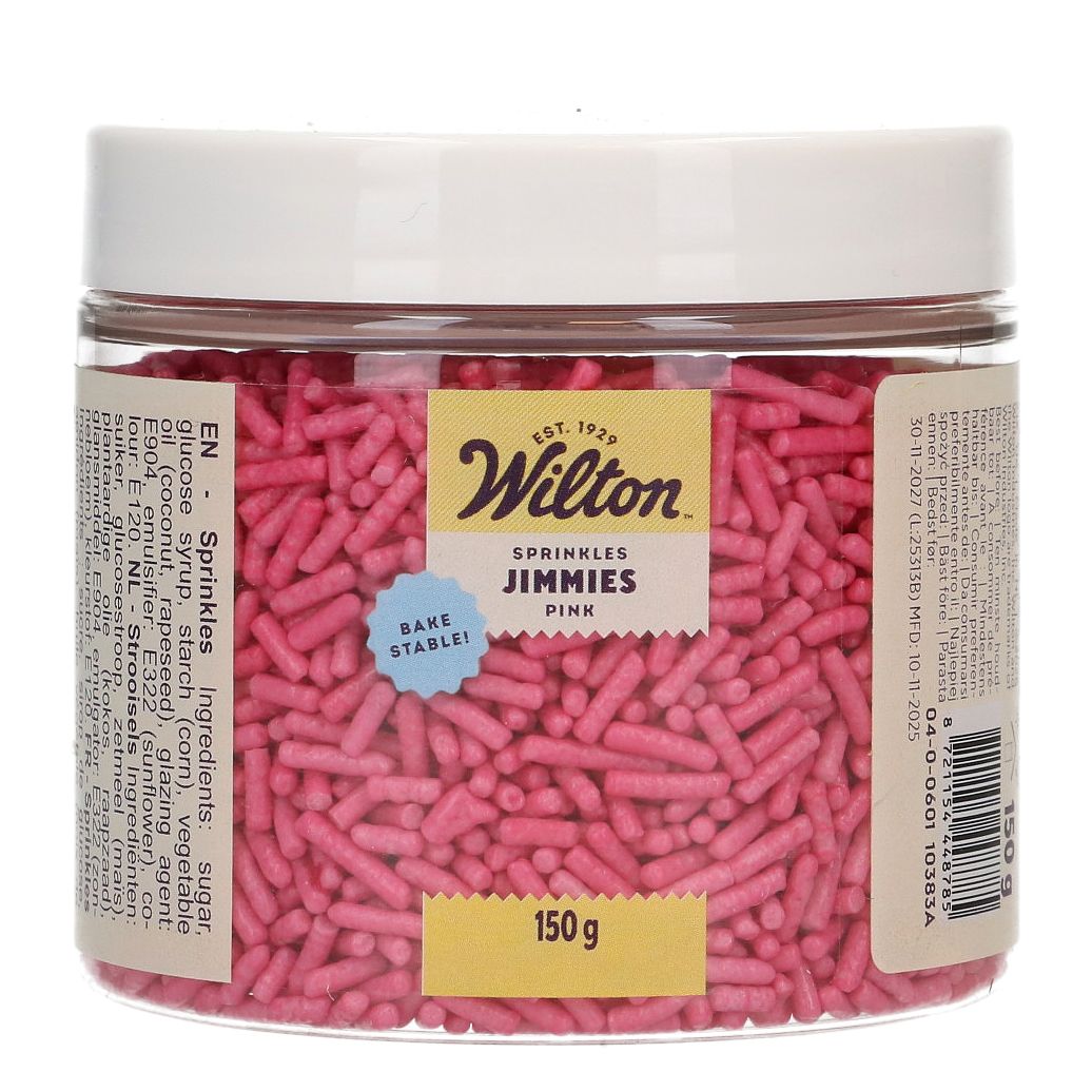Wilton Strøssel -Jimmies-, Rosa, 150g  Wilton Jimmies i en herlig rosafarge er det ultimate strøsselet for deg som ønsker å tilføre farge og ekte bakeglede til dine kreasjoner. Dette er ikke bare vanlig pynt, disse klassiske strøsselstavene er spesialutviklet for å være bakefaste, slik at de beholder både form og farge selv etter en tur i stekeovnen. 
  Nøkkelfunksjoner og fordeler:  
 
 
 Bakefas