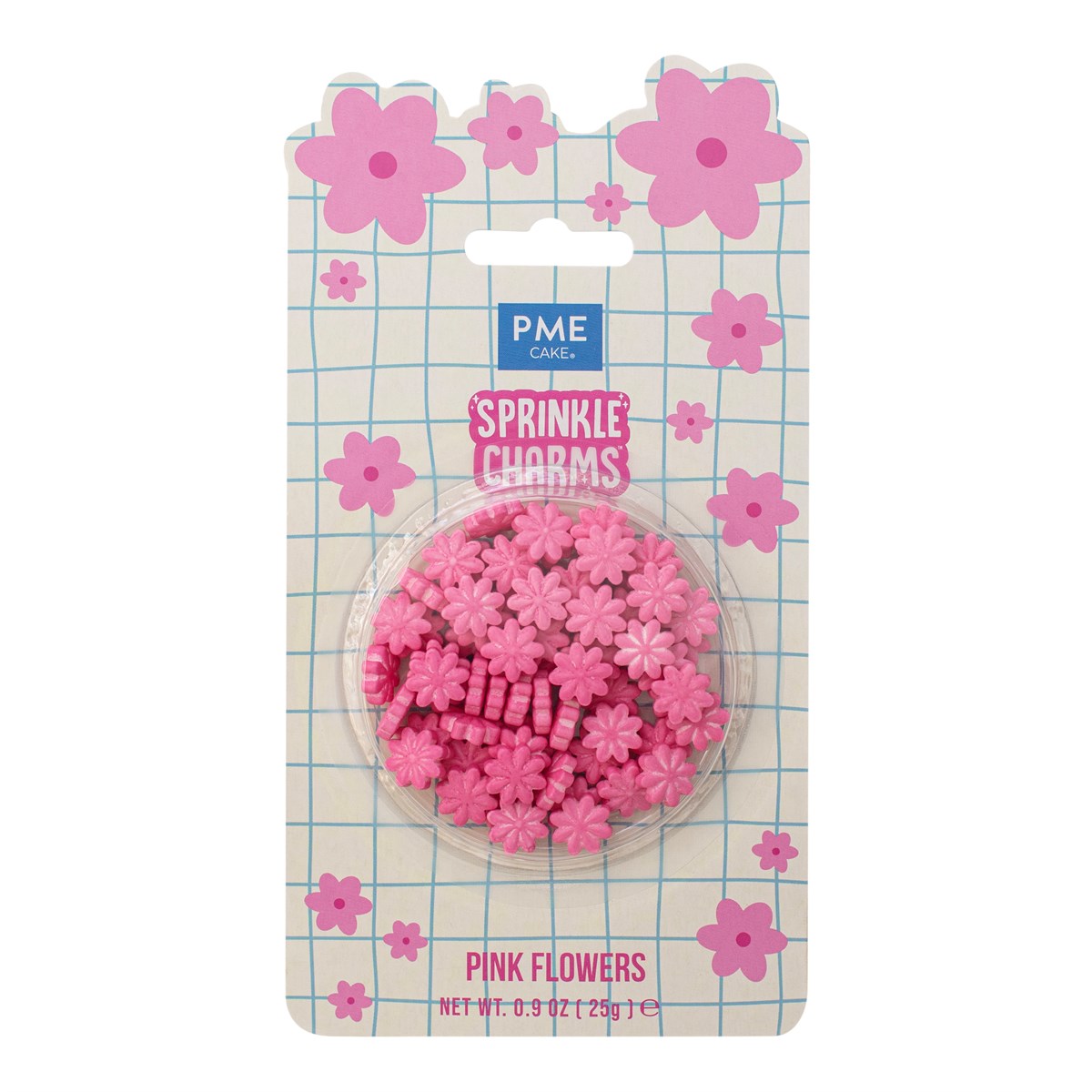 PME Strøssel -Pink Flowers-, Rosa, 12 mm, 25 g  Gi bakverkene dine et snev av blomstrende eleganse med PME Pink Flowers Sprinkle Charms. Dette er ikke bare vanlig strøssel, men store og sjarmerende rosa blomster som umiddelbart gir kaker, muffins og desserter et profesjonelt og lekent utseende. Med en diameter på ca. 12 mm fungerer disse som små "charms" som setter prikken over i-en på ethvert bak