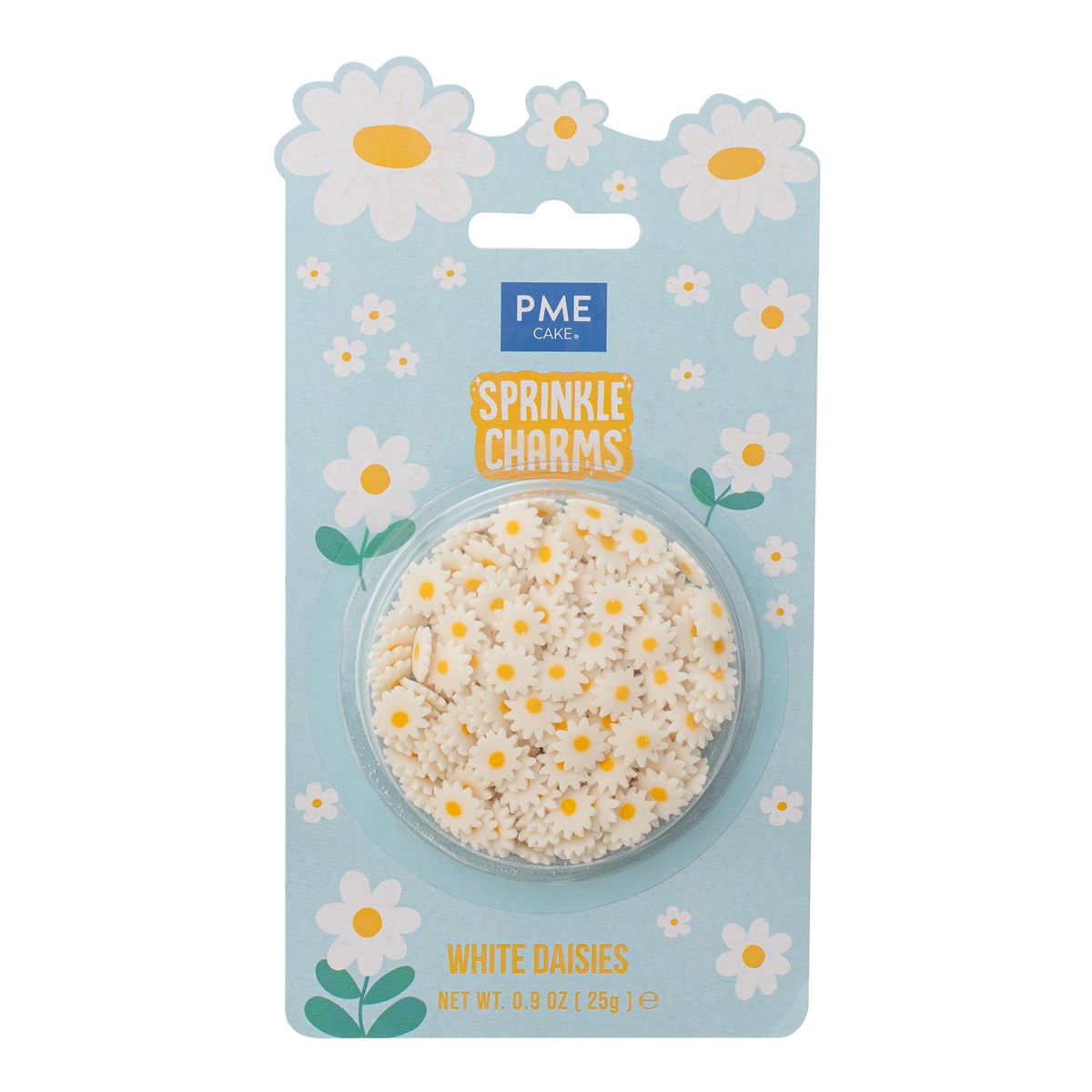 PME Strøssel -Sprinkle Charms- -Hvite prestekrager-, Hvit og gul, 12mm, 25g  Bring sommerengen inn på kjøkkenet med disse nydelige Sprinkle Charms fra PME i form av hvite prestekrager. Dette er langt mer enn bare vanlig strøssel; dette er større, "charms-lignende" spiselige dekorasjoner designet for å gi bakverkene dine umiddelbar personlighet og en profesjonell finish. Enten du er en profesjonell