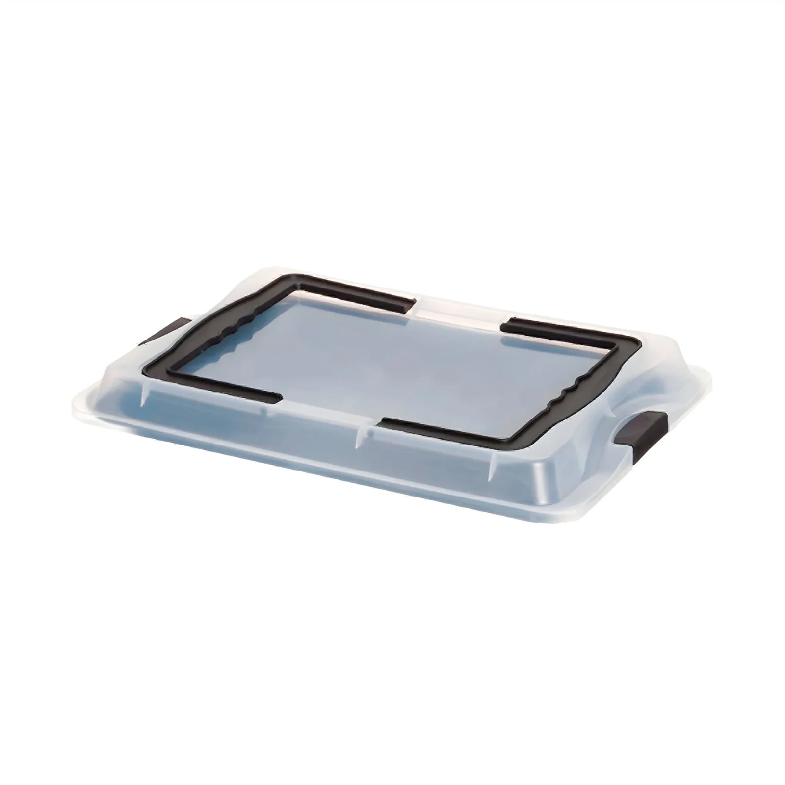 Transparent plastlokk til langpanne 43x29 cm med svarte detaljer for oppbevaring og transport