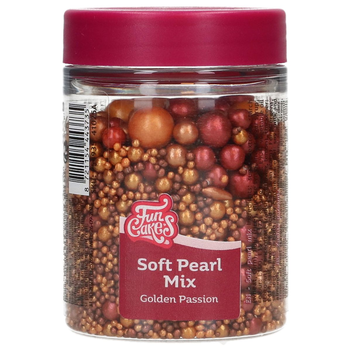 FunCakes kakestrøssel -Golden Passion-, Blanding av myke perler i gull og mørk rød, 80g  FunCakes Soft Pearls "Golden Passion" er en luksuriøs miks av spiselige perler i varierte størrelser som gir bakverket ditt en profesjonell og elegant finish. Med en nydelig fargepalett i gull, dype rødtoner og bronse, er dette strøsselet perfekt for deg som ønsker å legge til det lille ekstra på kaker, cupcak
