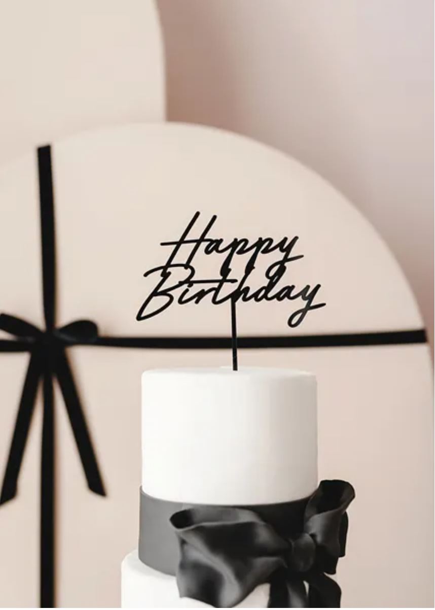 Kaketopp i akryl "Happy Birthday" - Svart