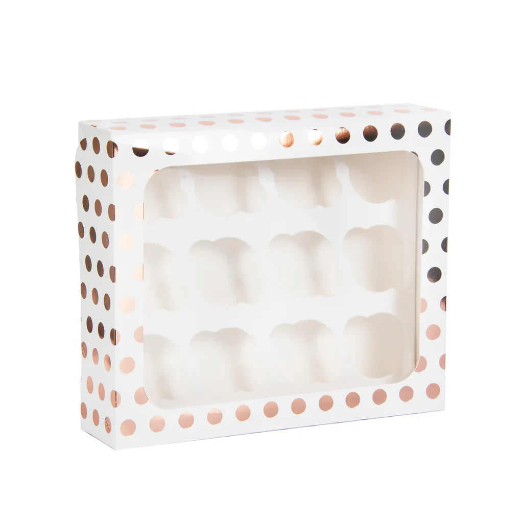 Muffinseske med plass til 12 cupcakes -Rosegull polka dot- pk/1
