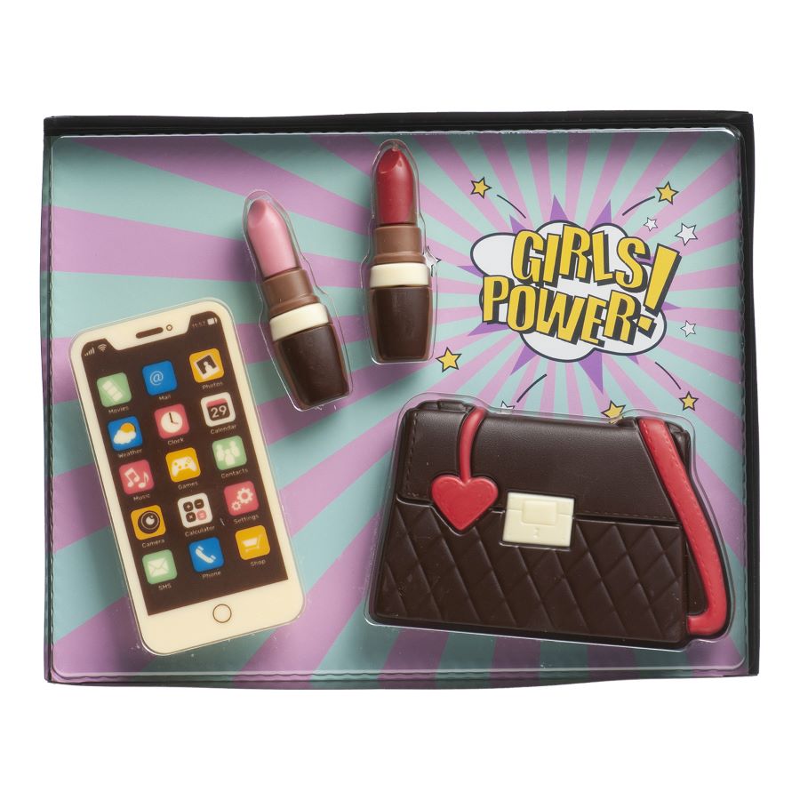 Kakepynt i sjokolade av makeup, veske og mobil, sett/4