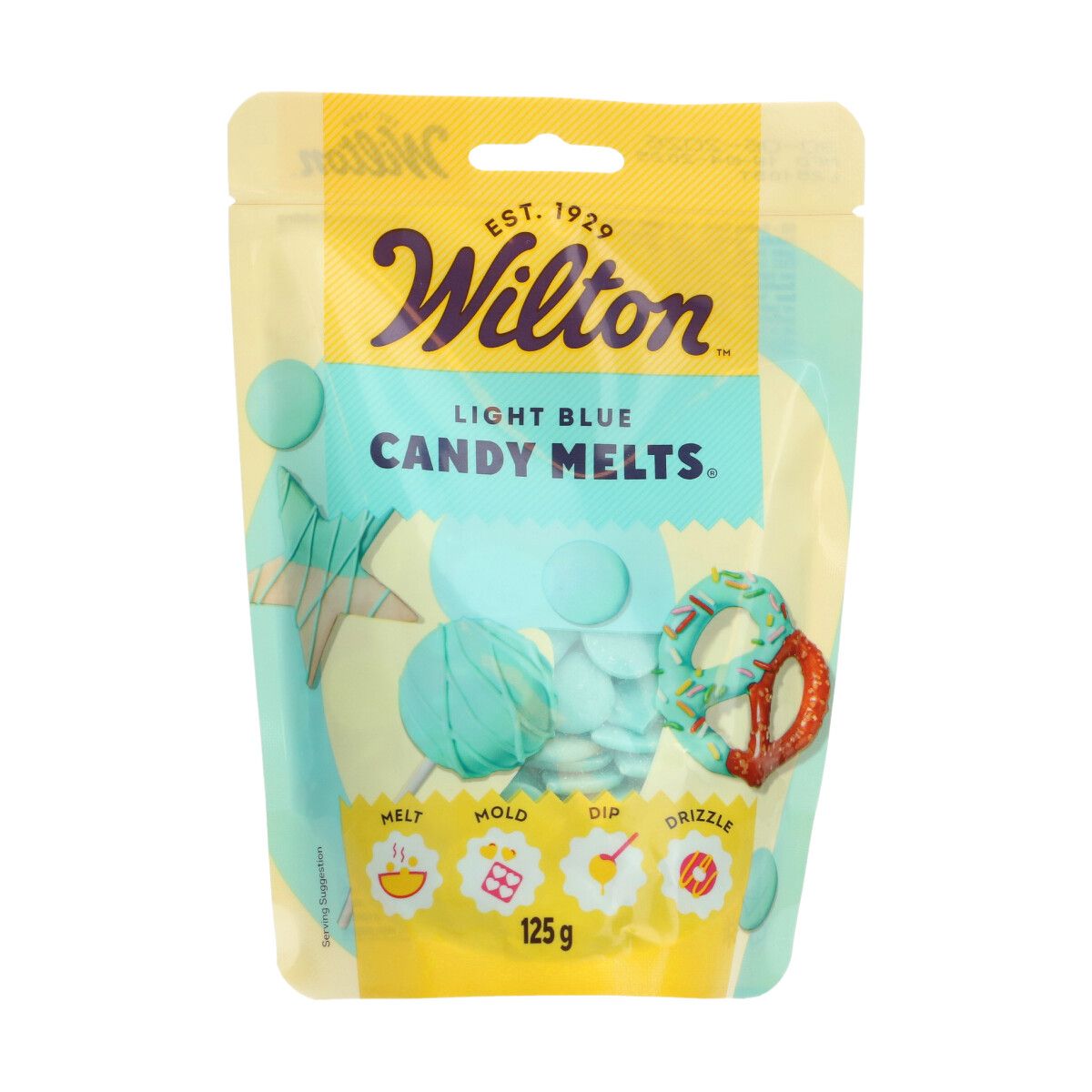 Candy Melts Lys blå, 125g  Skal du pynte til babyshower for en liten prins, skape en magisk Frozen-bursdagskake, eller dekorere elegante dåpskaker i myke pastellfarger? Wilton Candy Melts® i Light Blue er ditt perfekte verktøy for å skape Instagram-verdige desserter i den vakreste himmelblå fargen! Denne livlige, men samtidig myke blåfargen gir dine kreative bakeverk et profesjonelt og stilrent ut