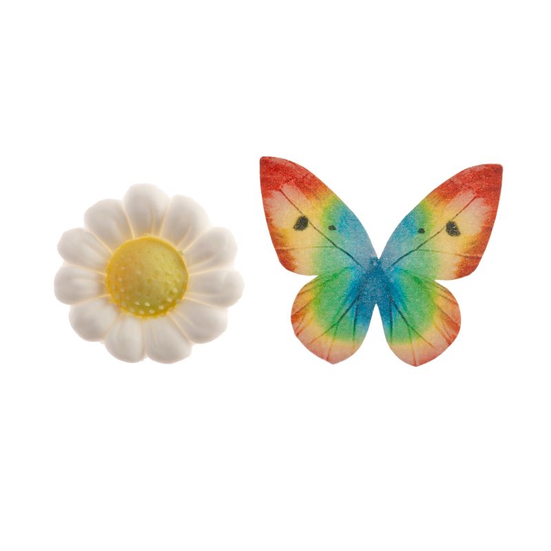 Spiselig Kakepynt hvite blomster og regnbue sommerfugler