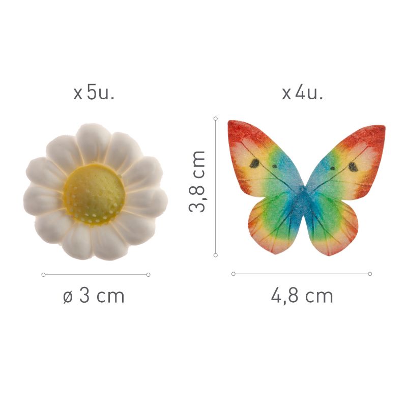 Spiselig Kakepynt hvite blomster og regnbue sommerfugler
