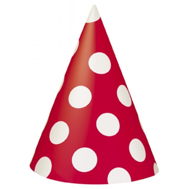 Partyhatter, Rød med prikker, pk/8