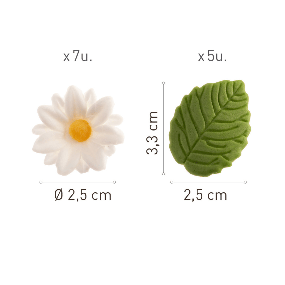 Spiselig Kakepynt Hvite margeritter og blad pk/13